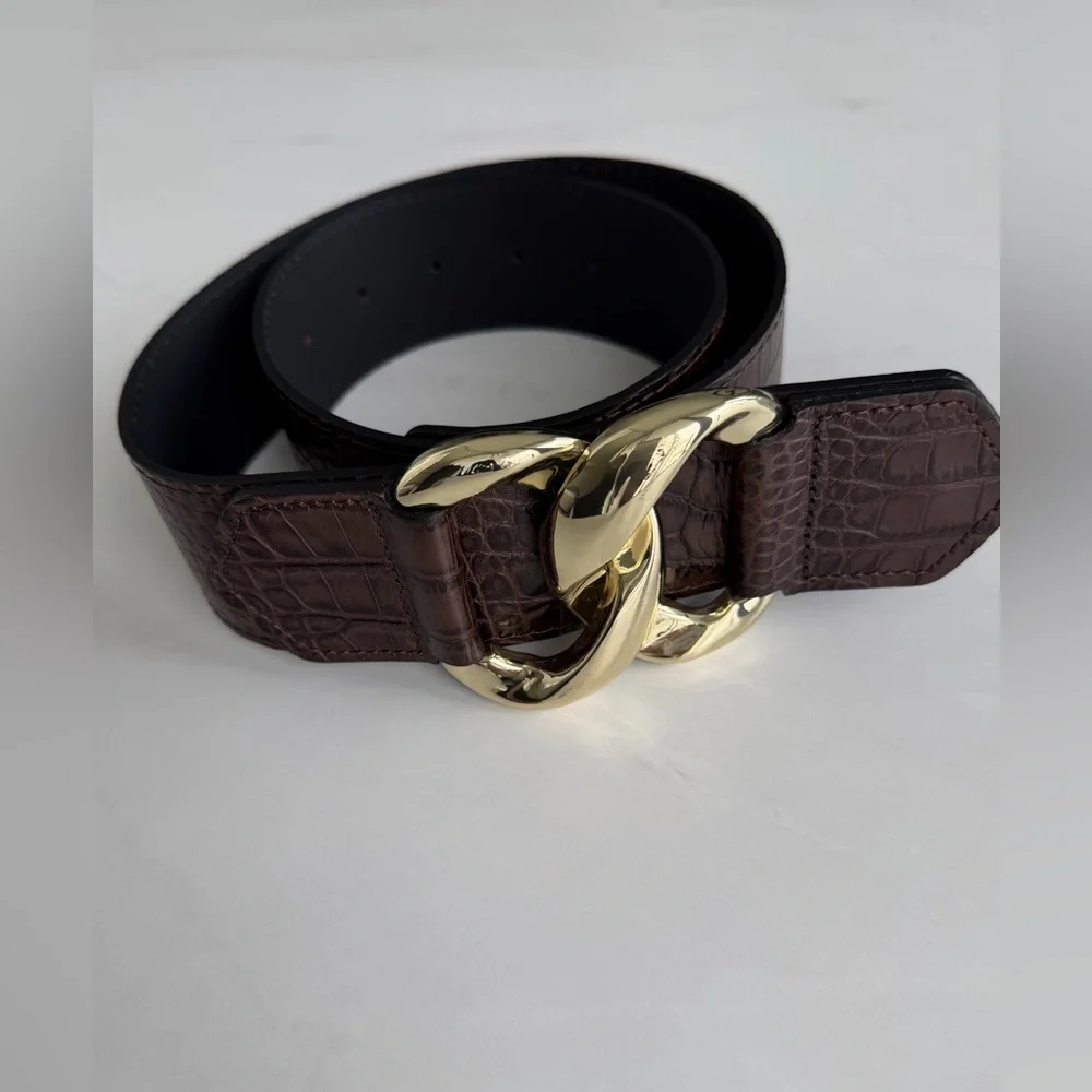 Zara Leather Brown Croc-Embossed Belt with Gold Buckle